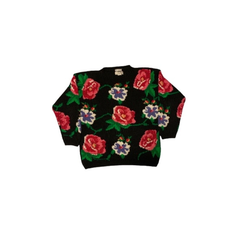 Northern Spirit Vintage Hand Knit Black Floral Sweater - Women’s Size Medium